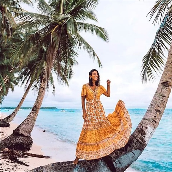 Yellow White Boho Floral Gypsy Print Maxi Dress - Picture 3 of 8